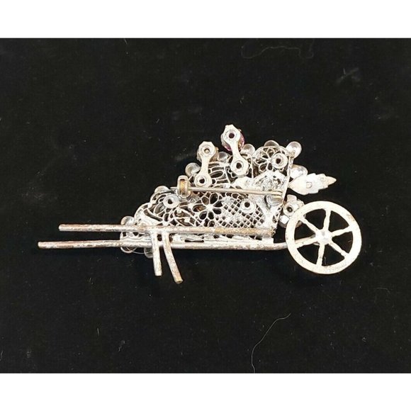 Vintage Garden Wheelbarrow w/Flowers Rhinestones Pin Brooch Costume 3.5" - Picture 7 of 10